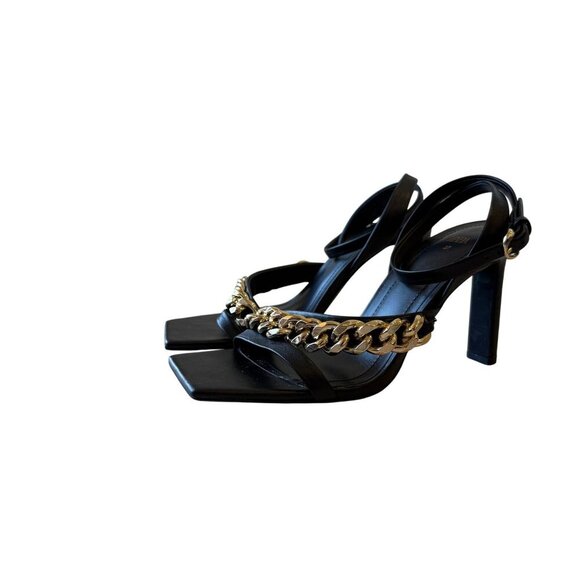 Zara Size 37 Strappy Square Toe Black Leather Sandal Gold Chain Heel Ankle Strap - Picture 11 of 12